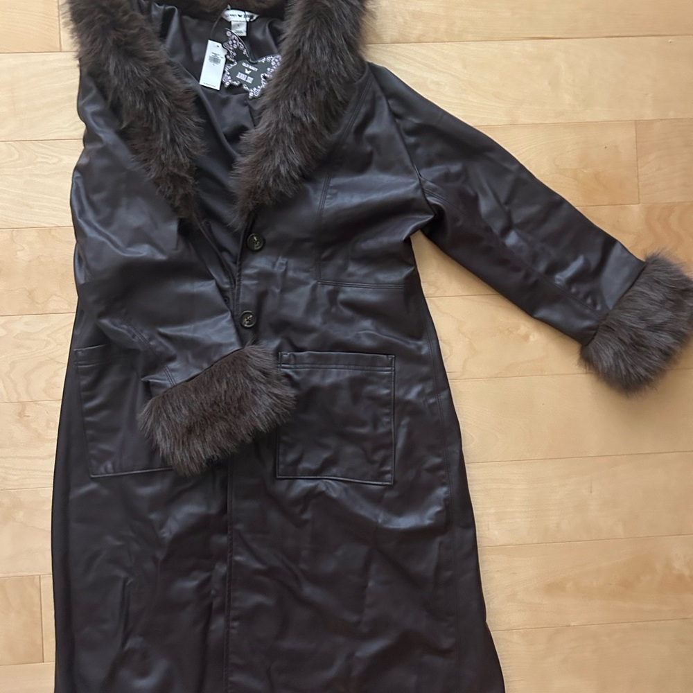 Old Navy x Anna Sui Vegan Leather Coat with Fur Trim - Picture 4 of 5